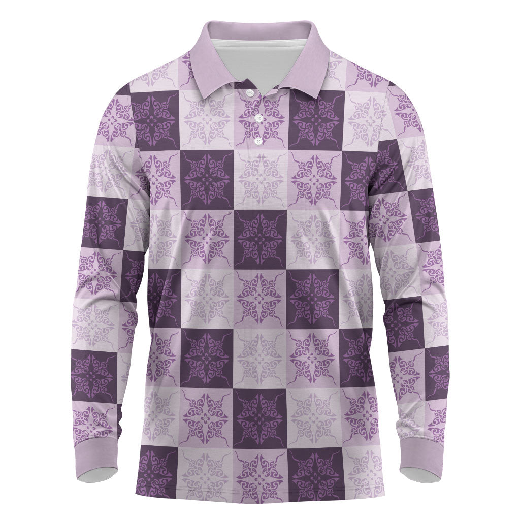 Lavender Manta Ray Hawaiian Quilt Motif Long Sleeve Polo Shirt