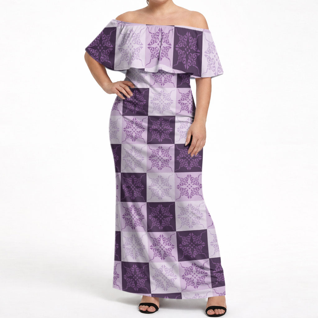 Lavender Manta Ray Hawaiian Quilt Motif Off Shoulder Maxi Dress