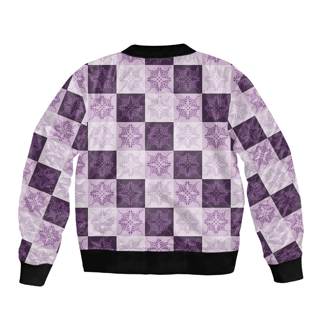 Lavender Manta Ray Hawaiian Quilt Motif Sleeve Zip Bomber Jacket