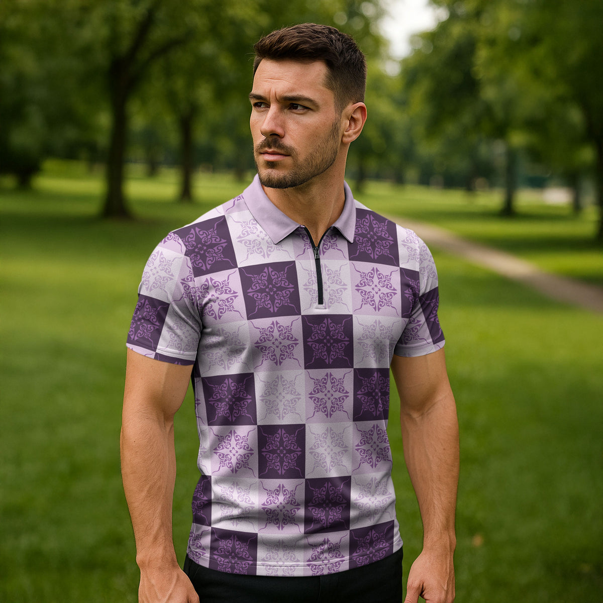 Lavender Manta Ray Hawaiian Quilt Motif Zipper Polo Shirt