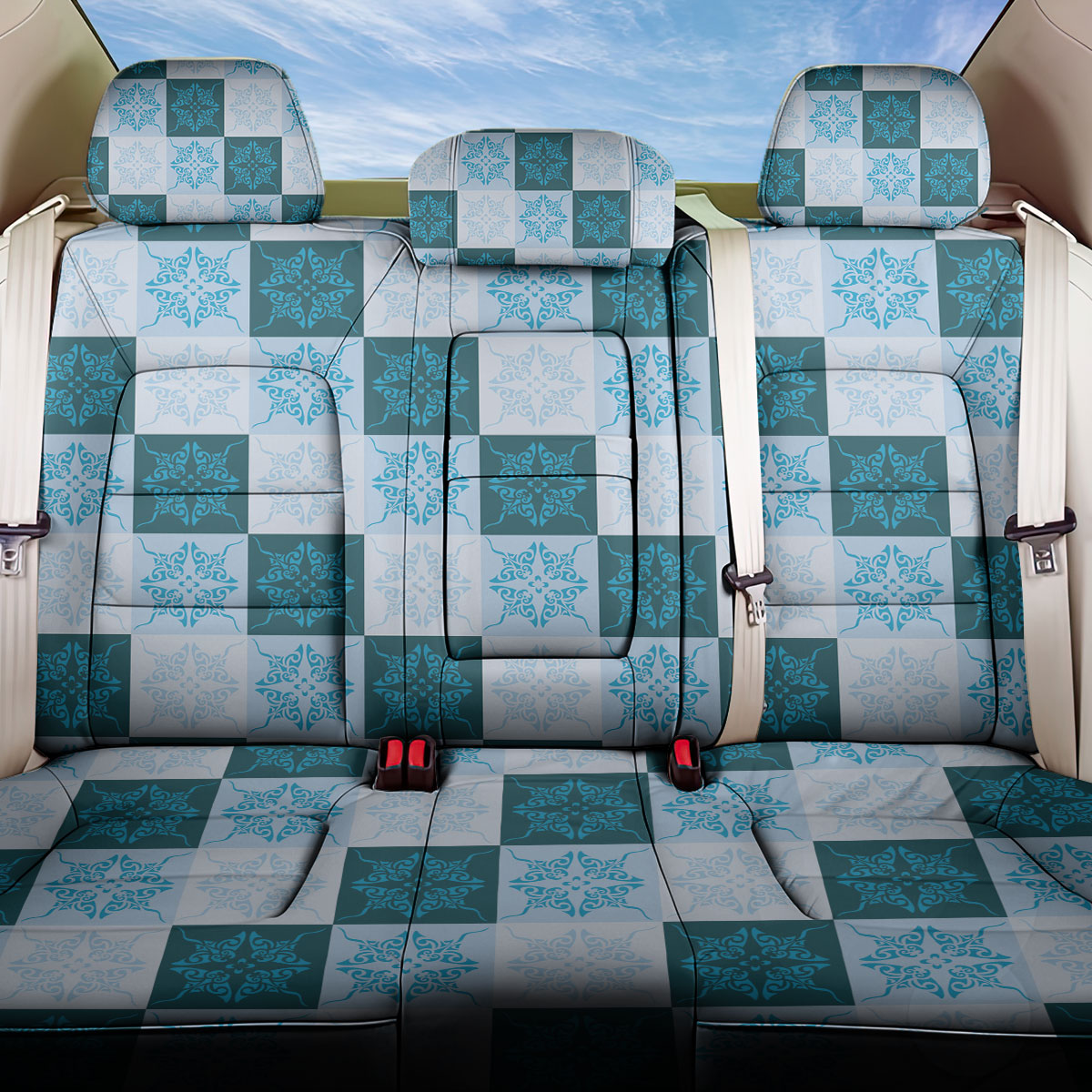 Cyan Manta Ray Hawaiian Quilt Motif Back Car Seat Cover