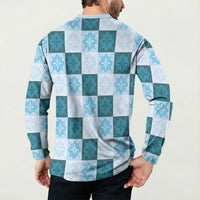 Cyan Manta Ray Hawaiian Quilt Motif Button Sweatshirt