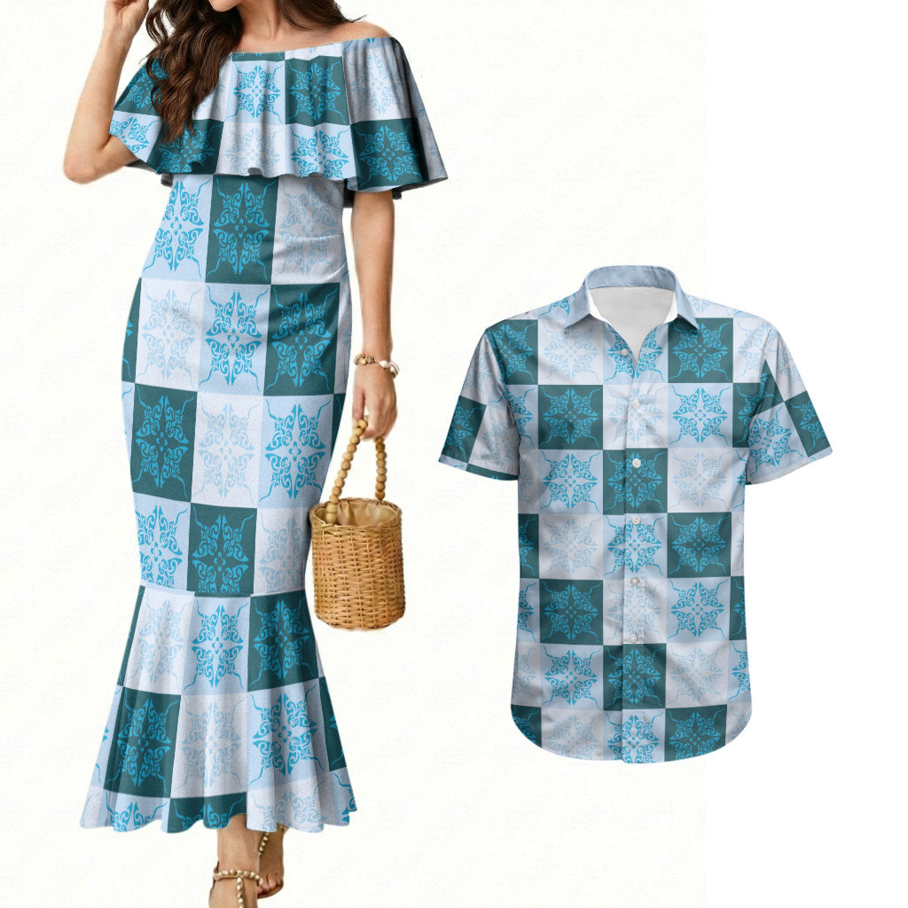 Cyan Manta Ray Hawaiian Quilt Motif Couples Matching Mermaid Dress and Hawaiian Shirt
