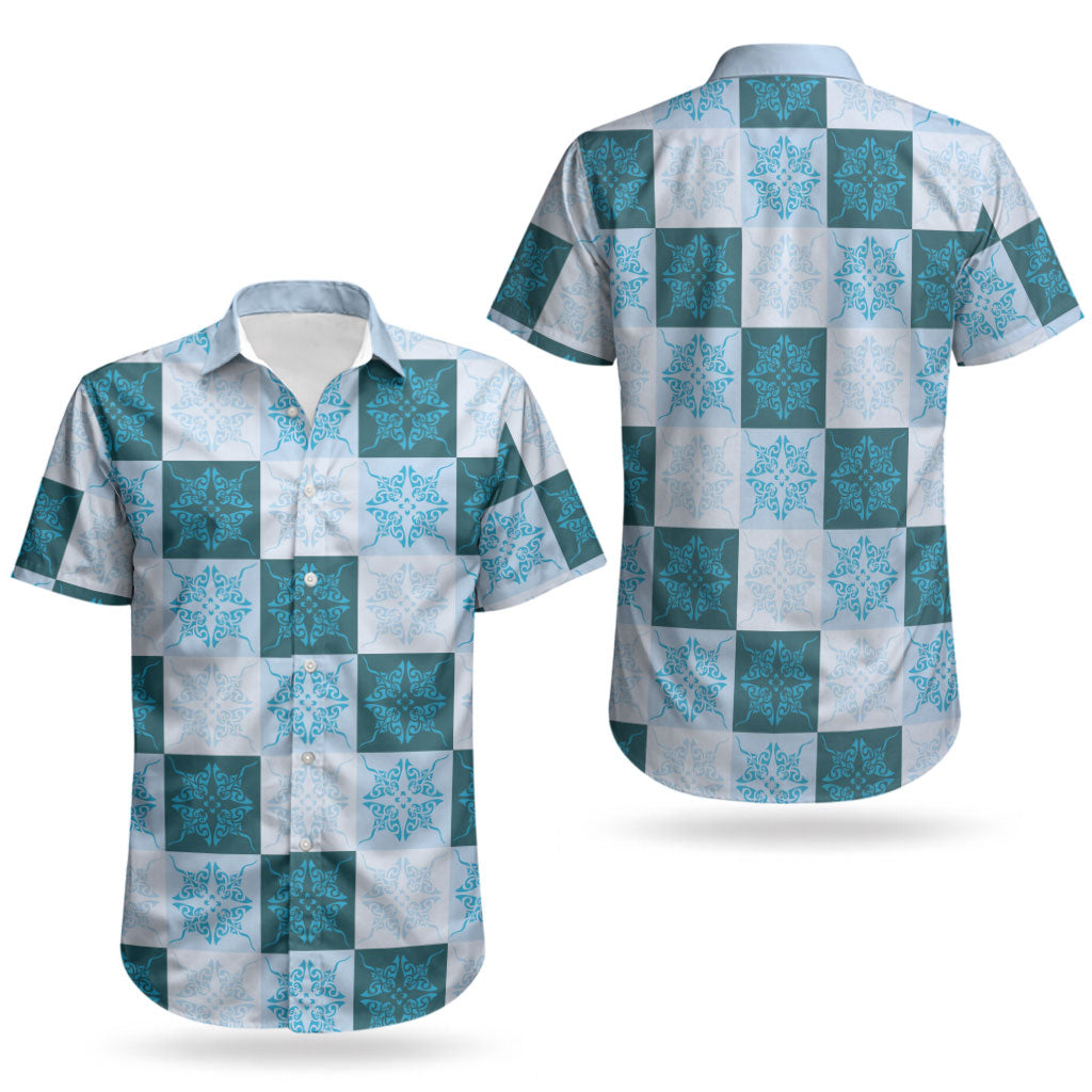 Cyan Manta Ray Hawaiian Quilt Motif Couples Matching Mermaid Dress and Hawaiian Shirt