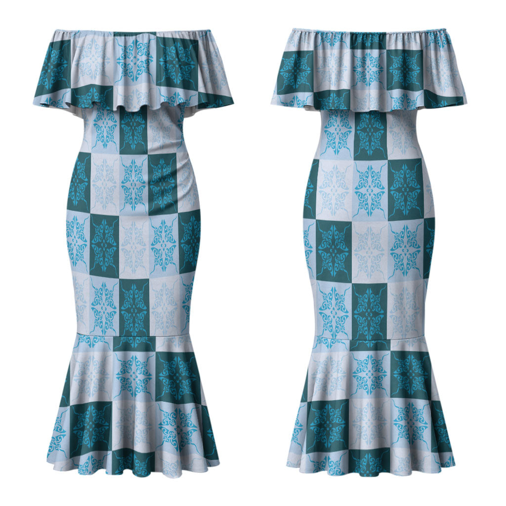 Cyan Manta Ray Hawaiian Quilt Motif Couples Matching Mermaid Dress and Hawaiian Shirt