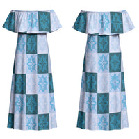 Cyan Manta Ray Hawaiian Quilt Motif Couples Matching Off Shoulder Maxi Dress and Hawaiian Shirt