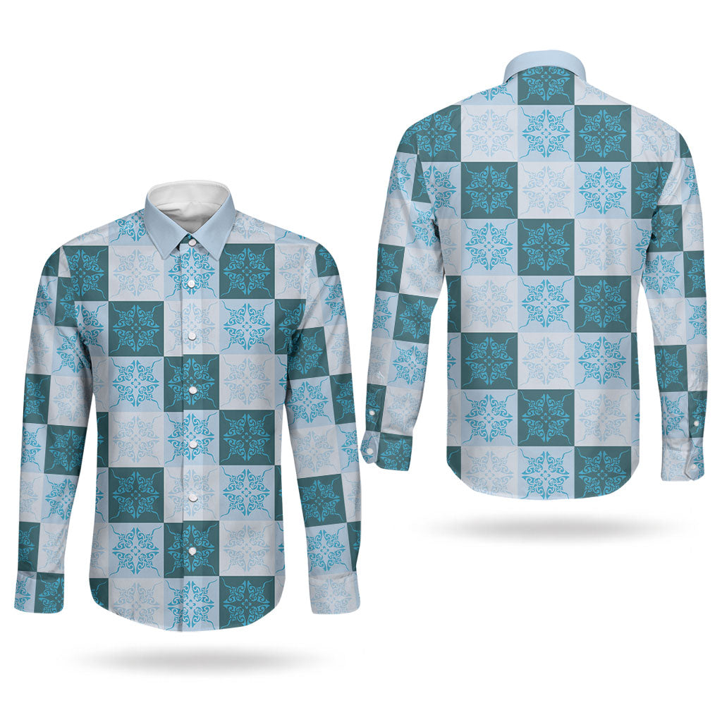 Cyan Manta Ray Hawaiian Quilt Motif Couples Matching Off Shoulder Maxi Dress and Long Sleeve Button Shirt