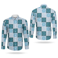Cyan Manta Ray Hawaiian Quilt Motif Couples Matching Off Shoulder Short Dress and Long Sleeve Button Shirt