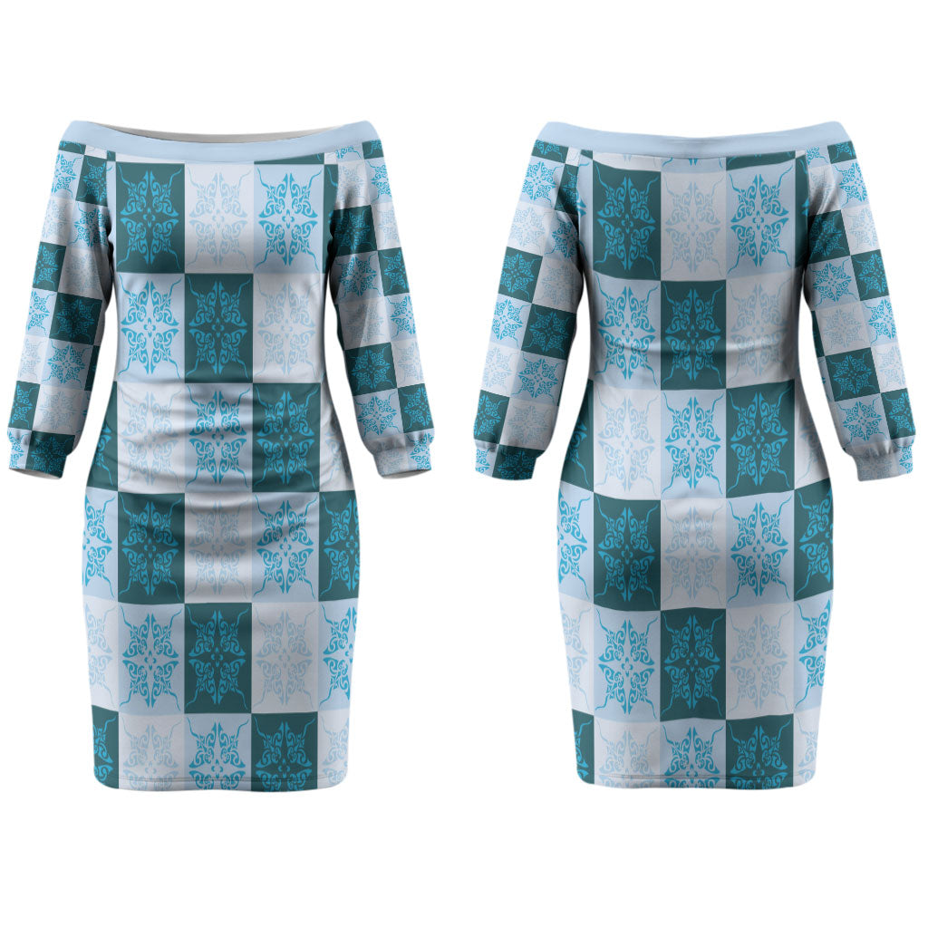 Cyan Manta Ray Hawaiian Quilt Motif Couples Matching Off The Shoulder Long Sleeve Dress and Long Sleeve Button Shirt