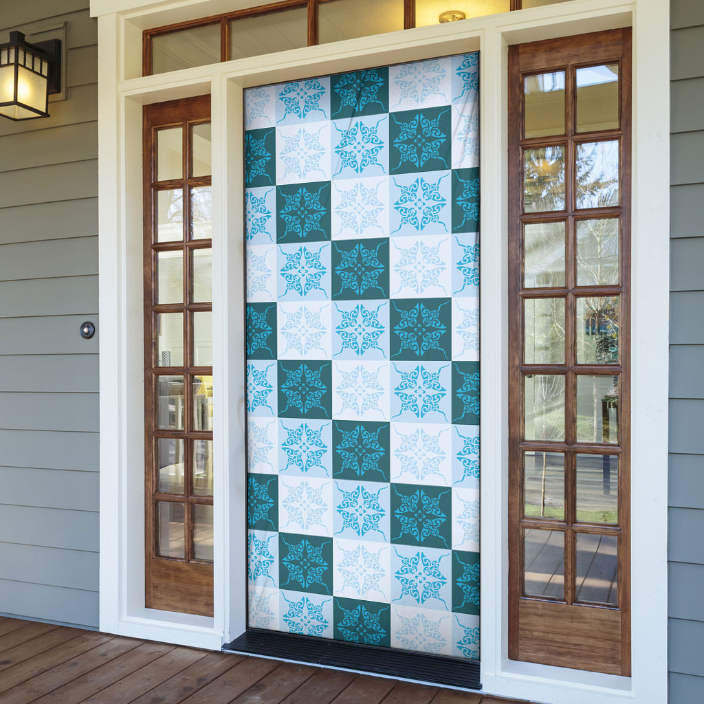 Cyan Manta Ray Hawaiian Quilt Motif Door Cover