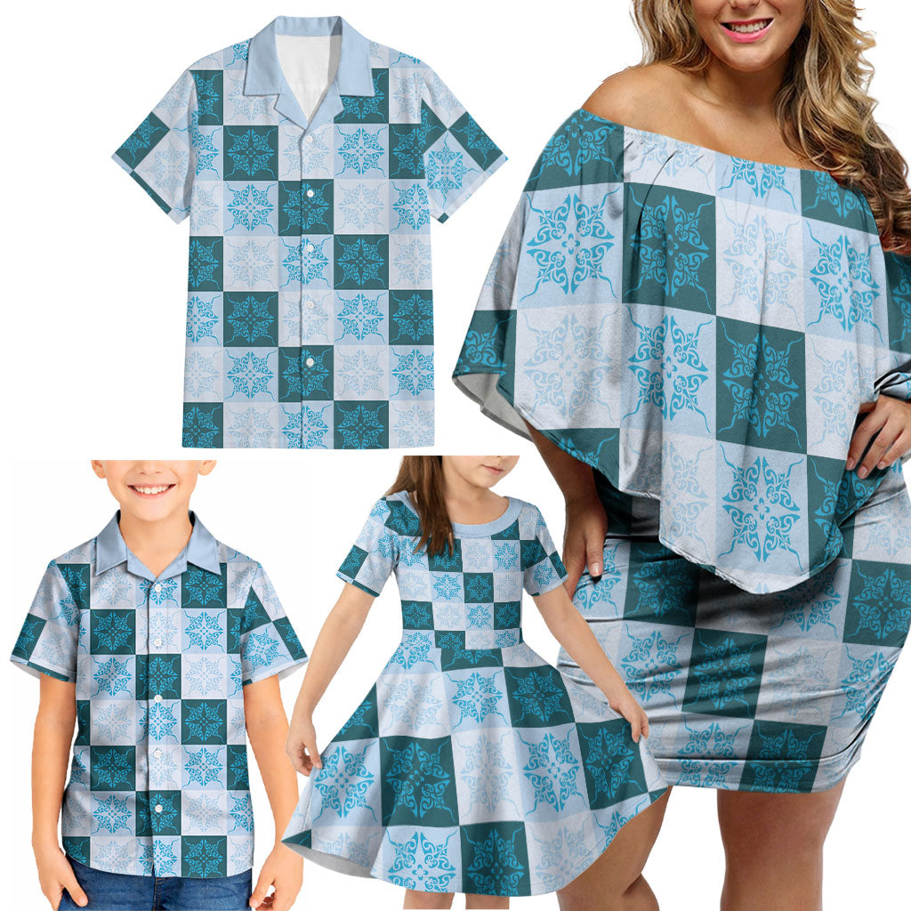 Cyan Manta Ray Hawaiian Quilt Motif Family Matching Off Shoulder Short Dress and Hawaiian Shirt