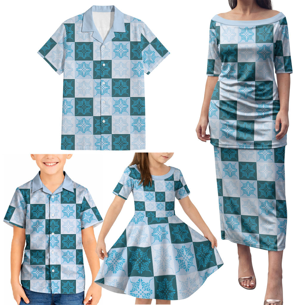 Cyan Manta Ray Hawaiian Quilt Motif Family Matching Puletasi and Hawaiian Shirt LT05 - Polynesian Pride