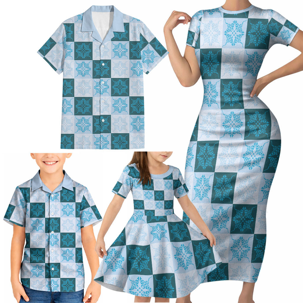 Cyan Manta Ray Hawaiian Quilt Motif Family Matching Short Sleeve Bodycon Dress and Hawaiian Shirt LT05 - Polynesian Pride