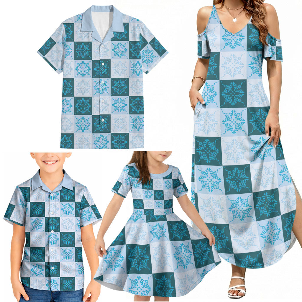 Cyan Manta Ray Hawaiian Quilt Motif Family Matching Summer Maxi Dress and Hawaiian Shirt