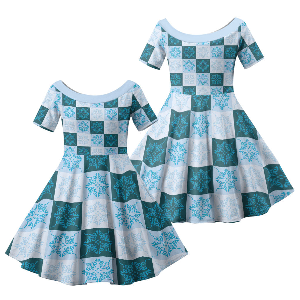 Cyan Manta Ray Hawaiian Quilt Motif Family Matching Summer Maxi Dress and Hawaiian Shirt