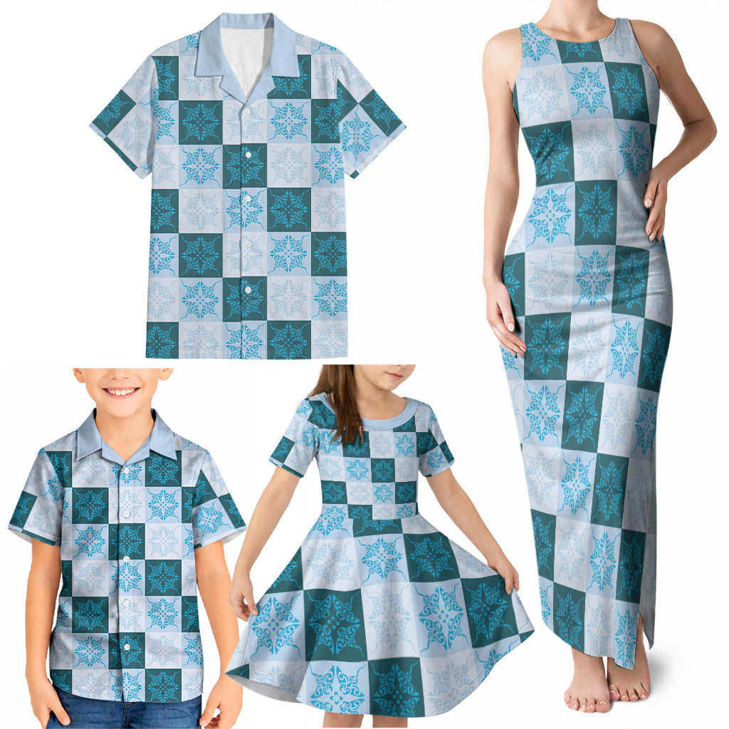 Cyan Manta Ray Hawaiian Quilt Motif Family Matching Tank Maxi Dress and Hawaiian Shirt