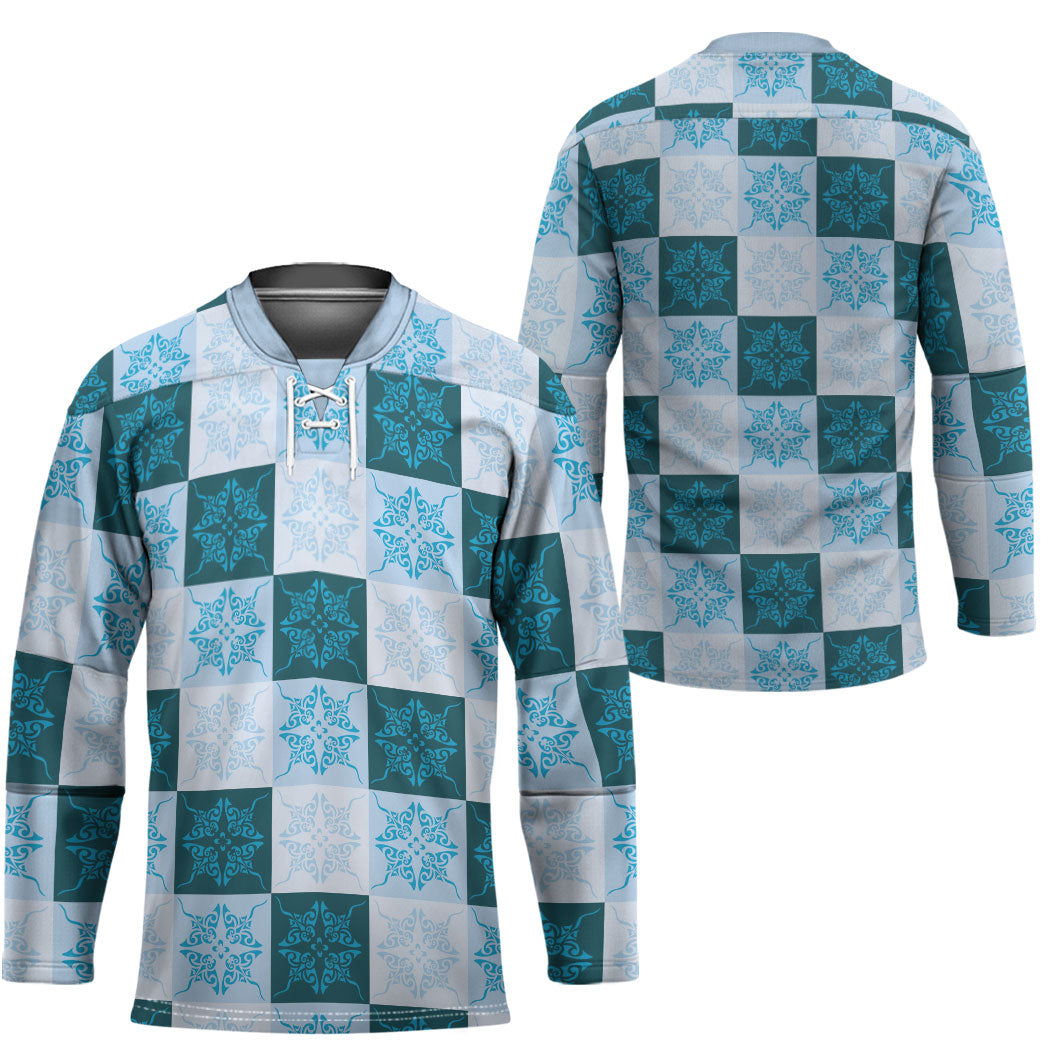 Cyan Manta Ray Hawaiian Quilt Motif Hockey Jersey