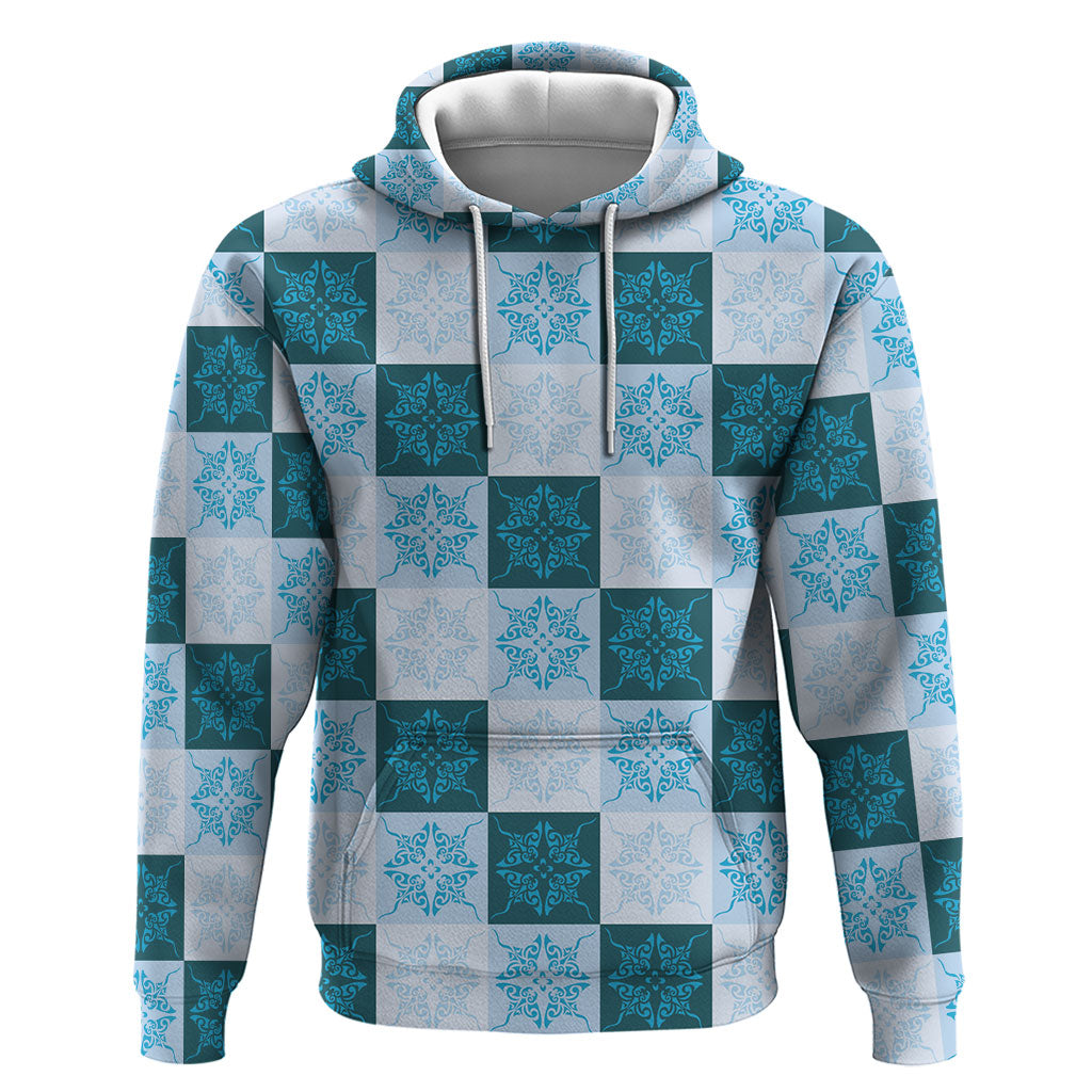 Cyan Manta Ray Hawaiian Quilt Motif Hoodie