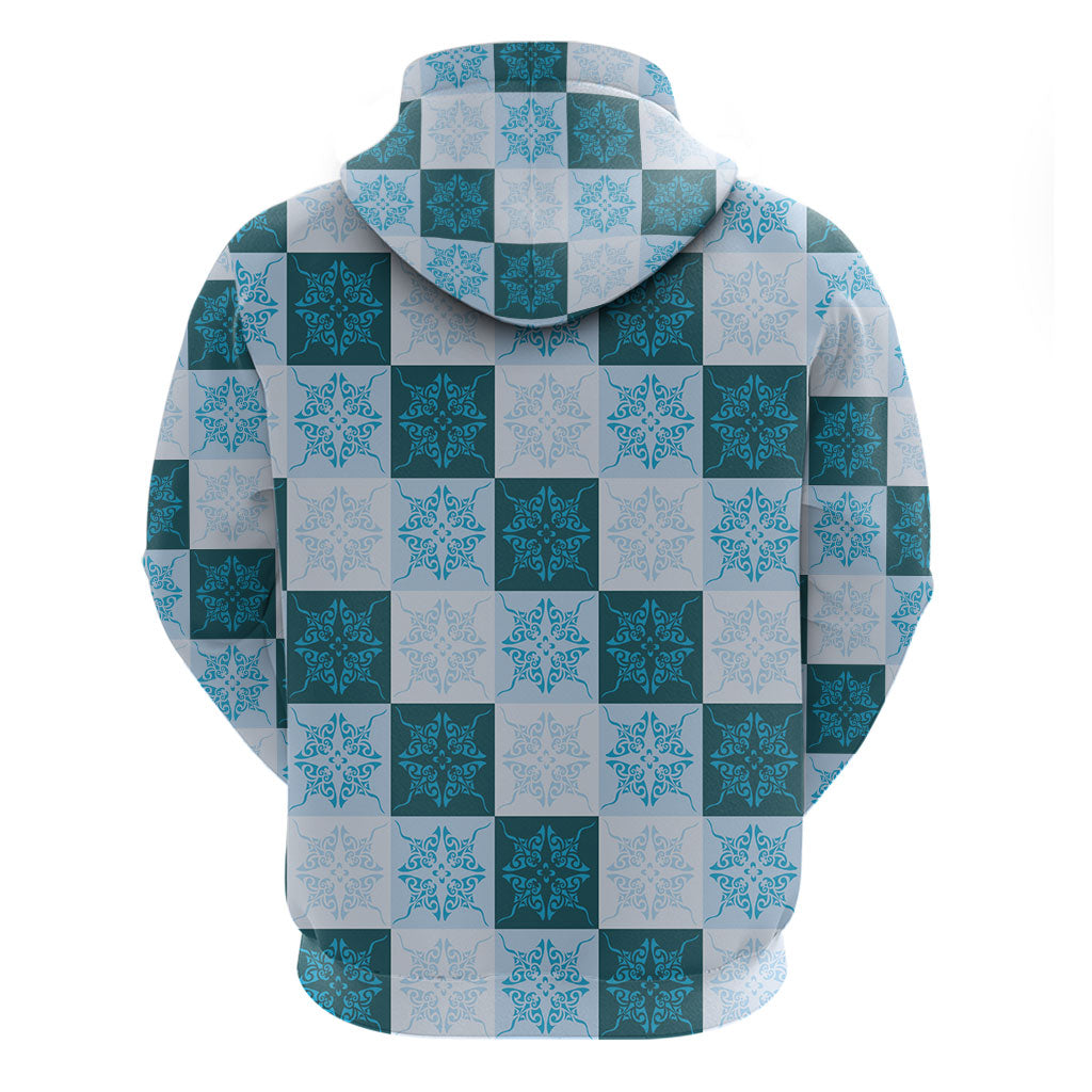 Cyan Manta Ray Hawaiian Quilt Motif Hoodie