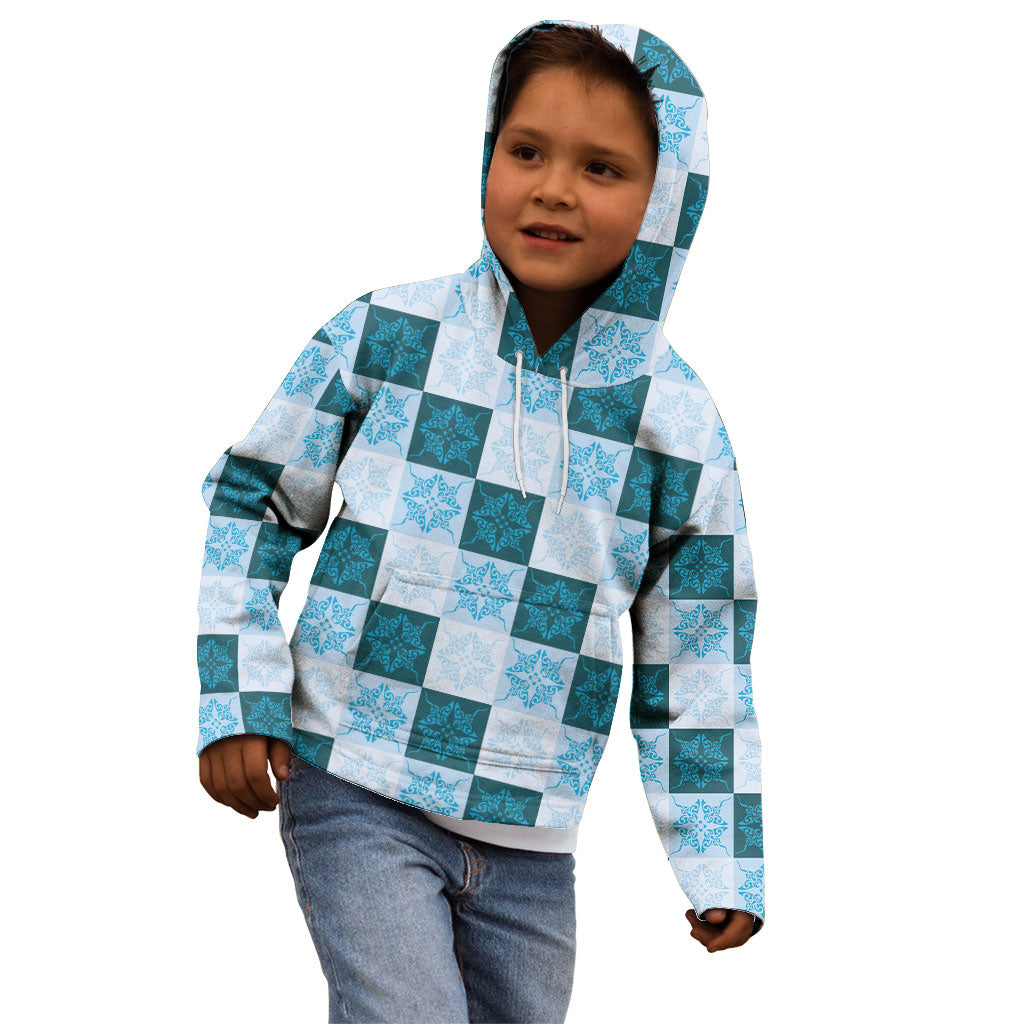 Cyan Manta Ray Hawaiian Quilt Motif Kid Hoodie