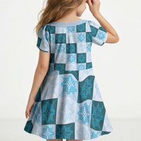 Cyan Manta Ray Hawaiian Quilt Motif Kid Short Sleeve Dress