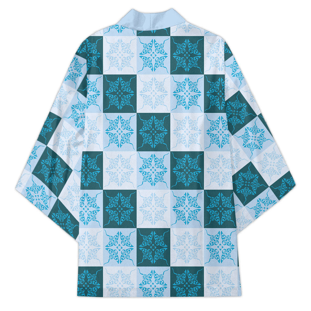 Cyan Manta Ray Hawaiian Quilt Motif Kimono