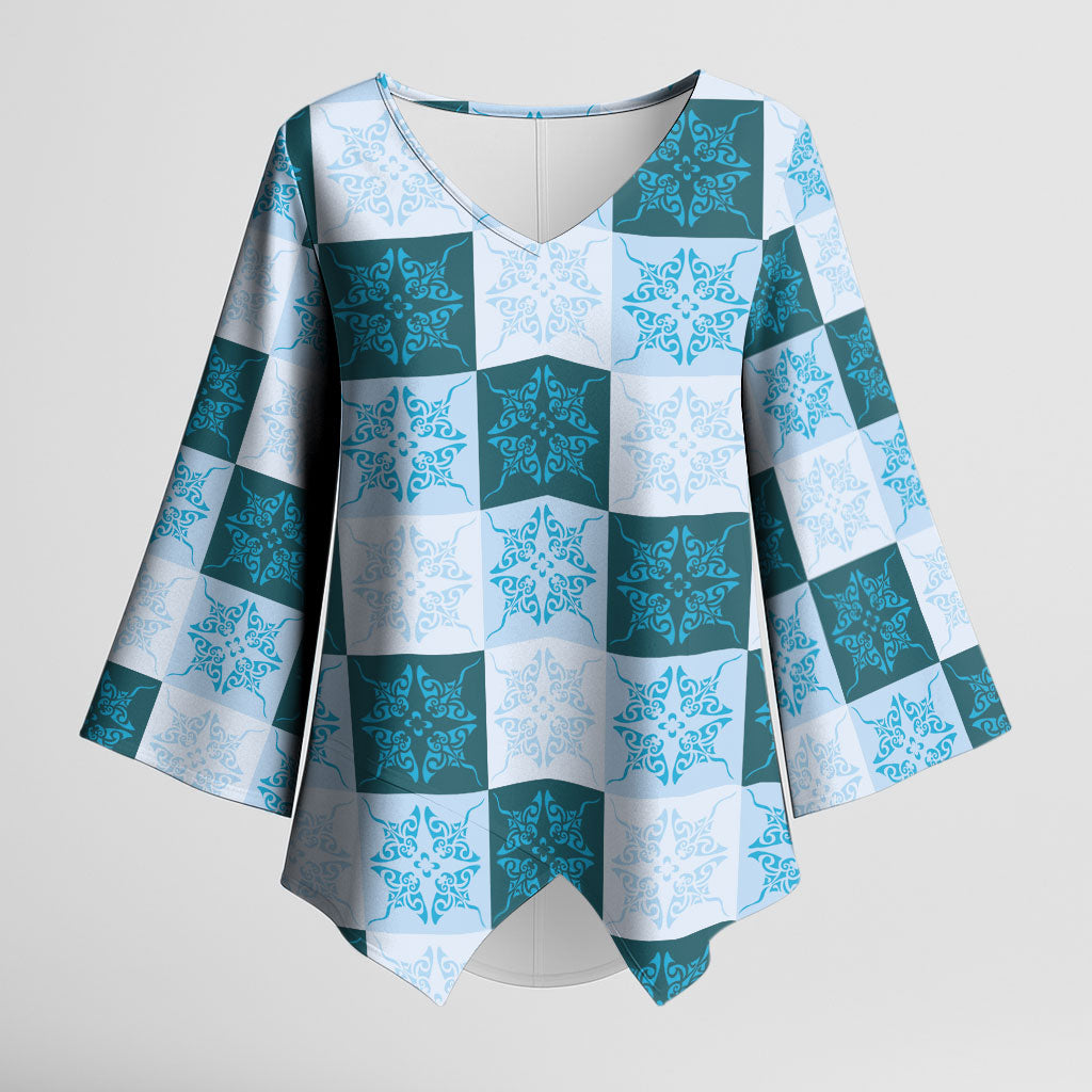 Cyan Manta Ray Hawaiian Quilt Motif Kimono Sleeve Blouse LT05 Female Blue - Polynesian Pride