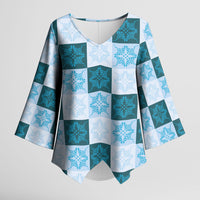 Cyan Manta Ray Hawaiian Quilt Motif Kimono Sleeve Blouse