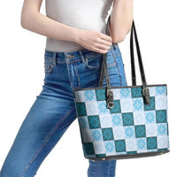 Cyan Manta Ray Hawaiian Quilt Motif Leather Tote Bag