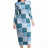 Cyan Manta Ray Hawaiian Quilt Motif Long Sleeve Bodycon Dress