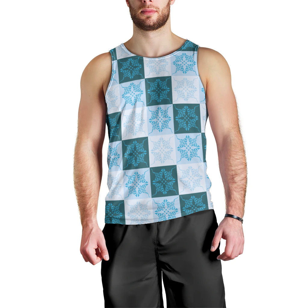 Cyan Manta Ray Hawaiian Quilt Motif Men Tank Top
