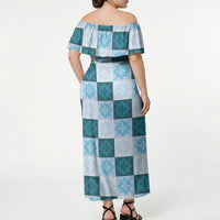 Cyan Manta Ray Hawaiian Quilt Motif Off Shoulder Maxi Dress