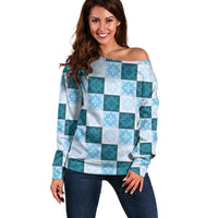 Cyan Manta Ray Hawaiian Quilt Motif Off Shoulder Sweater