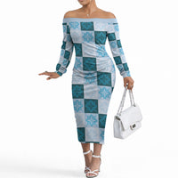 Cyan Manta Ray Hawaiian Quilt Motif Off The Shoulder Long Sleeve Dress