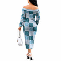 Cyan Manta Ray Hawaiian Quilt Motif Off The Shoulder Long Sleeve Dress
