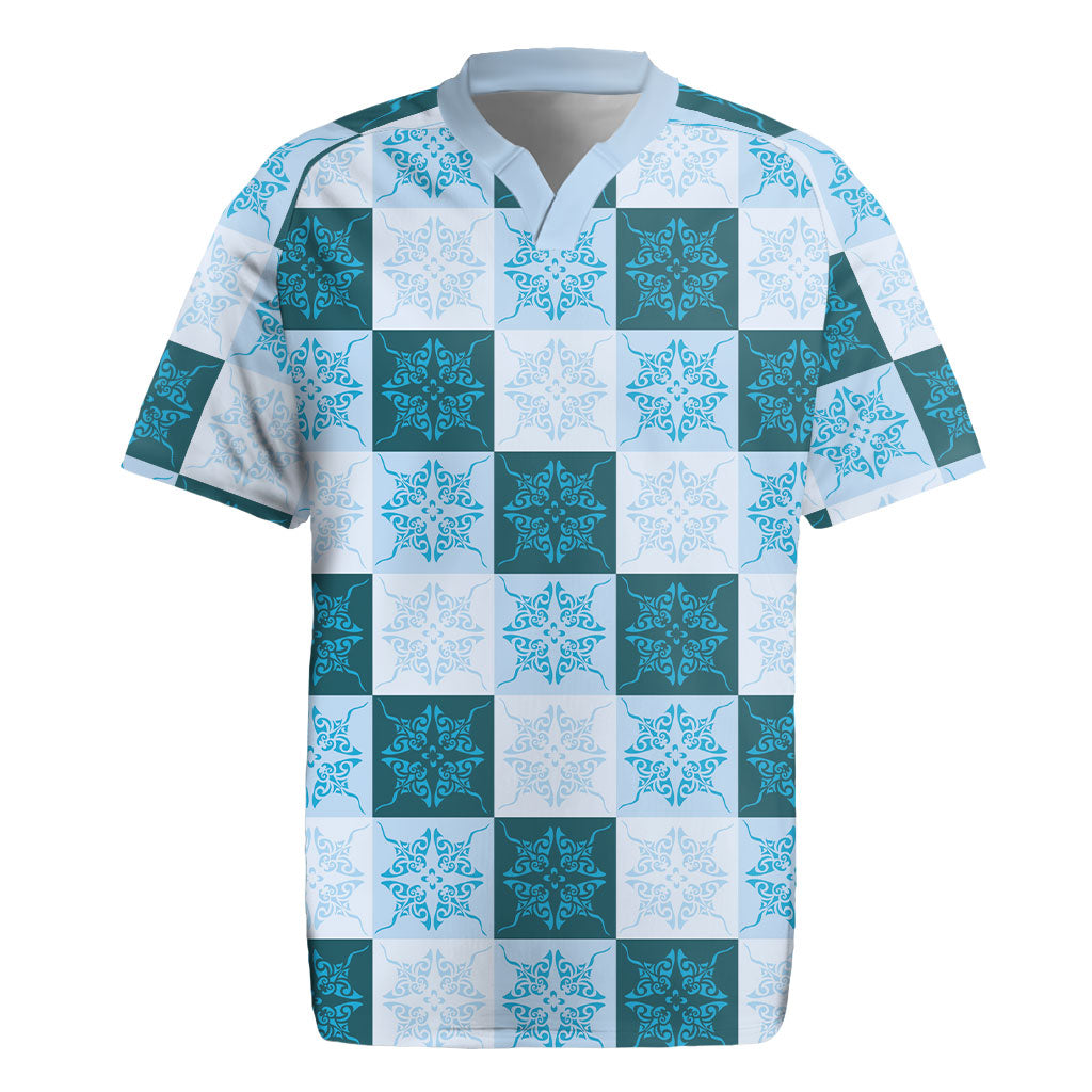 Cyan Manta Ray Hawaiian Quilt Motif Rugby Jersey