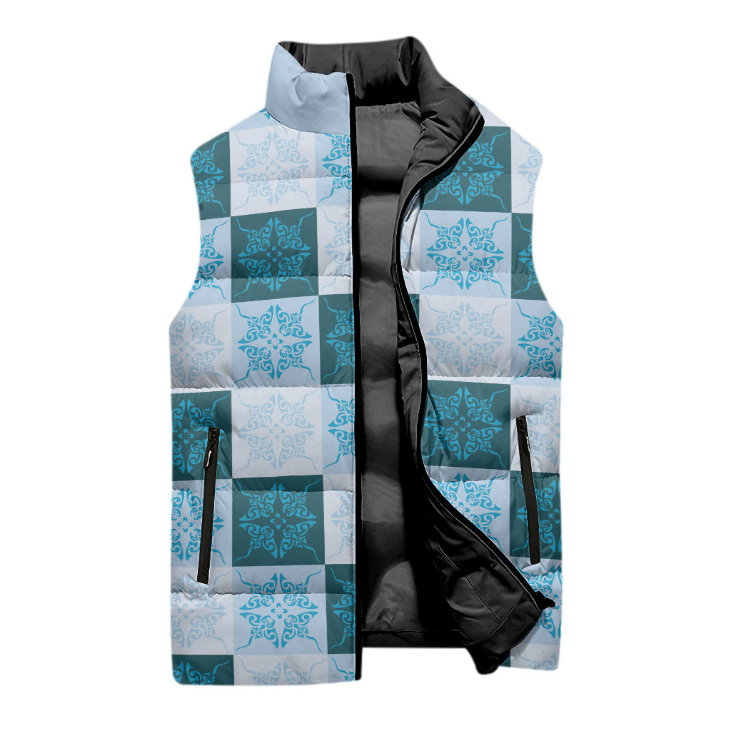 Cyan Manta Ray Hawaiian Quilt Motif Sleeveless Puffer Jacket