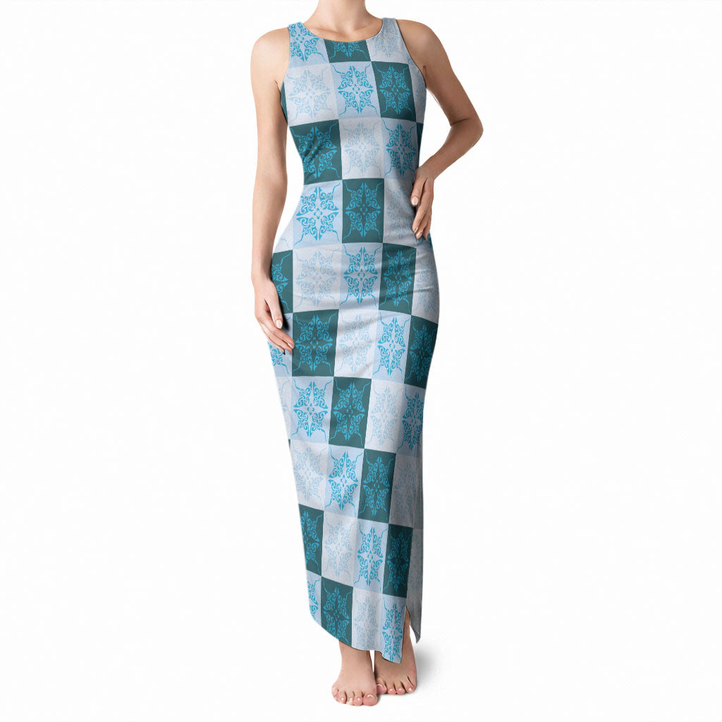 Cyan Manta Ray Hawaiian Quilt Motif Tank Maxi Dress