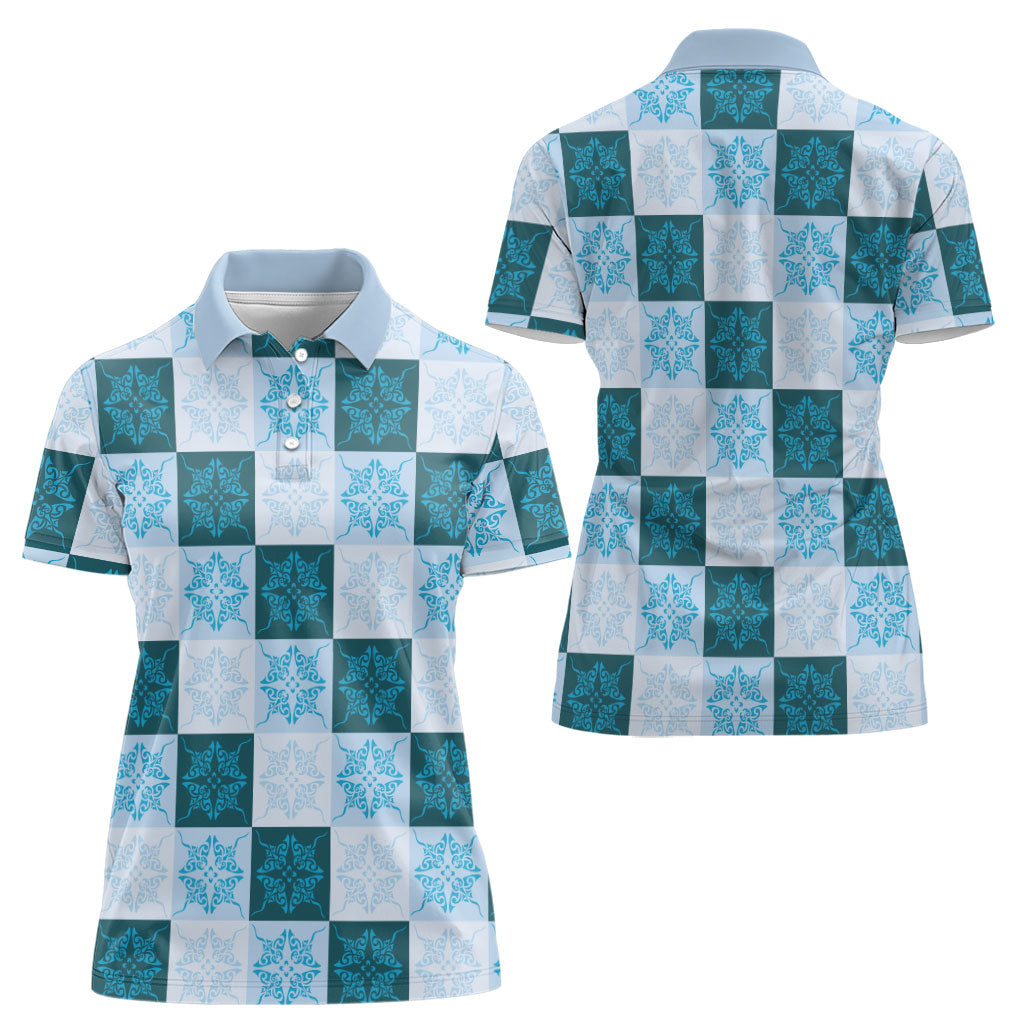 Cyan Manta Ray Hawaiian Quilt Motif Women Polo Shirt