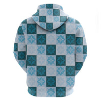 Cyan Manta Ray Hawaiian Quilt Motif Zip Hoodie