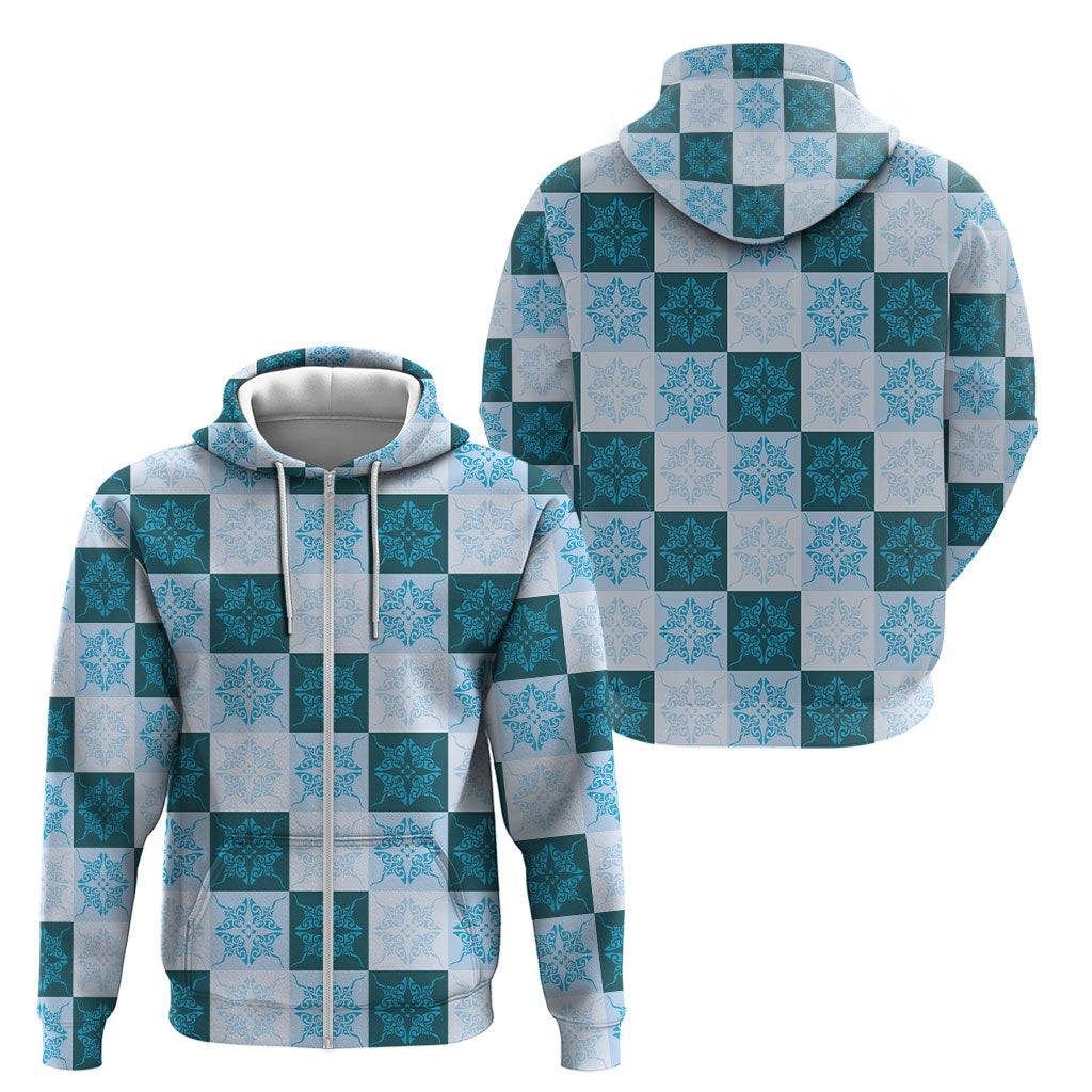 Cyan Manta Ray Hawaiian Quilt Motif Zip Hoodie