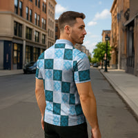 Cyan Manta Ray Hawaiian Quilt Motif Zipper Polo Shirt