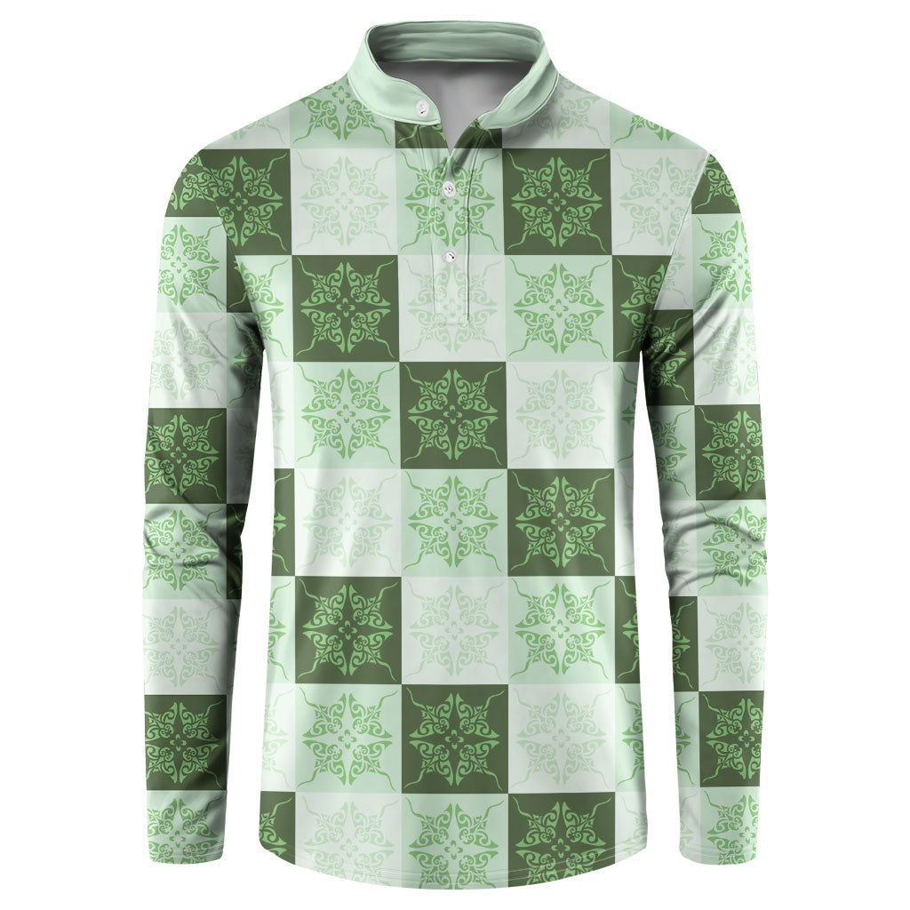 Sage Green Manta Ray Hawaiian Quilt Motif Button Sweatshirt