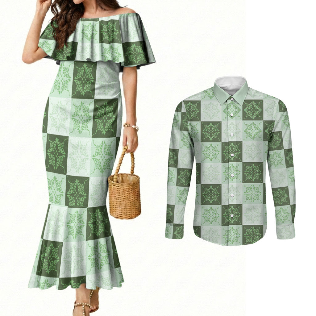 Sage Green Manta Ray Hawaiian Quilt Motif Couples Matching Mermaid Dress and Long Sleeve Button Shirt LT05 Green - Polynesian Pride