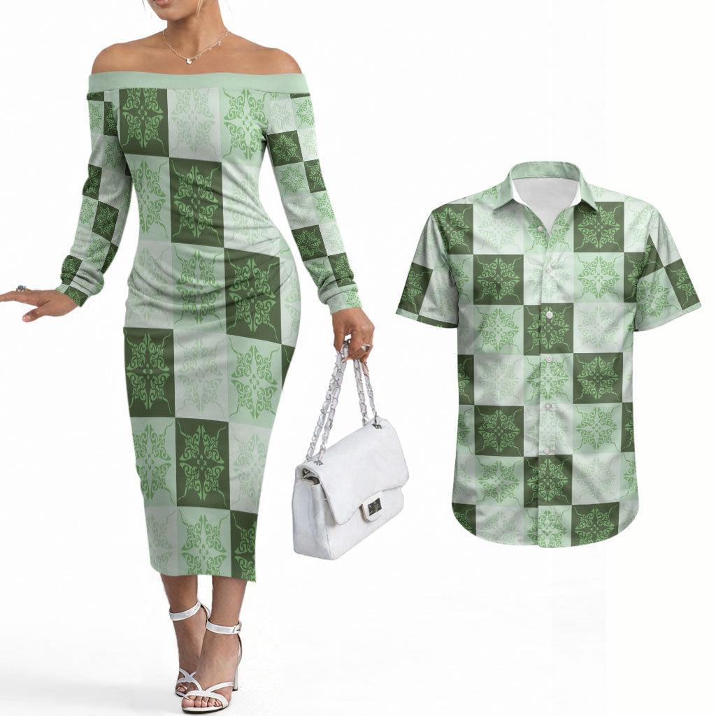 Sage Green Manta Ray Hawaiian Quilt Motif Couples Matching Off The Shoulder Long Sleeve Dress and Hawaiian Shirt