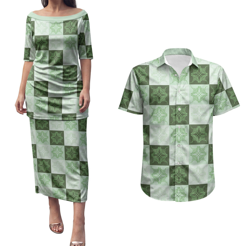 Sage Green Manta Ray Hawaiian Quilt Motif Couples Matching Puletasi and Hawaiian Shirt