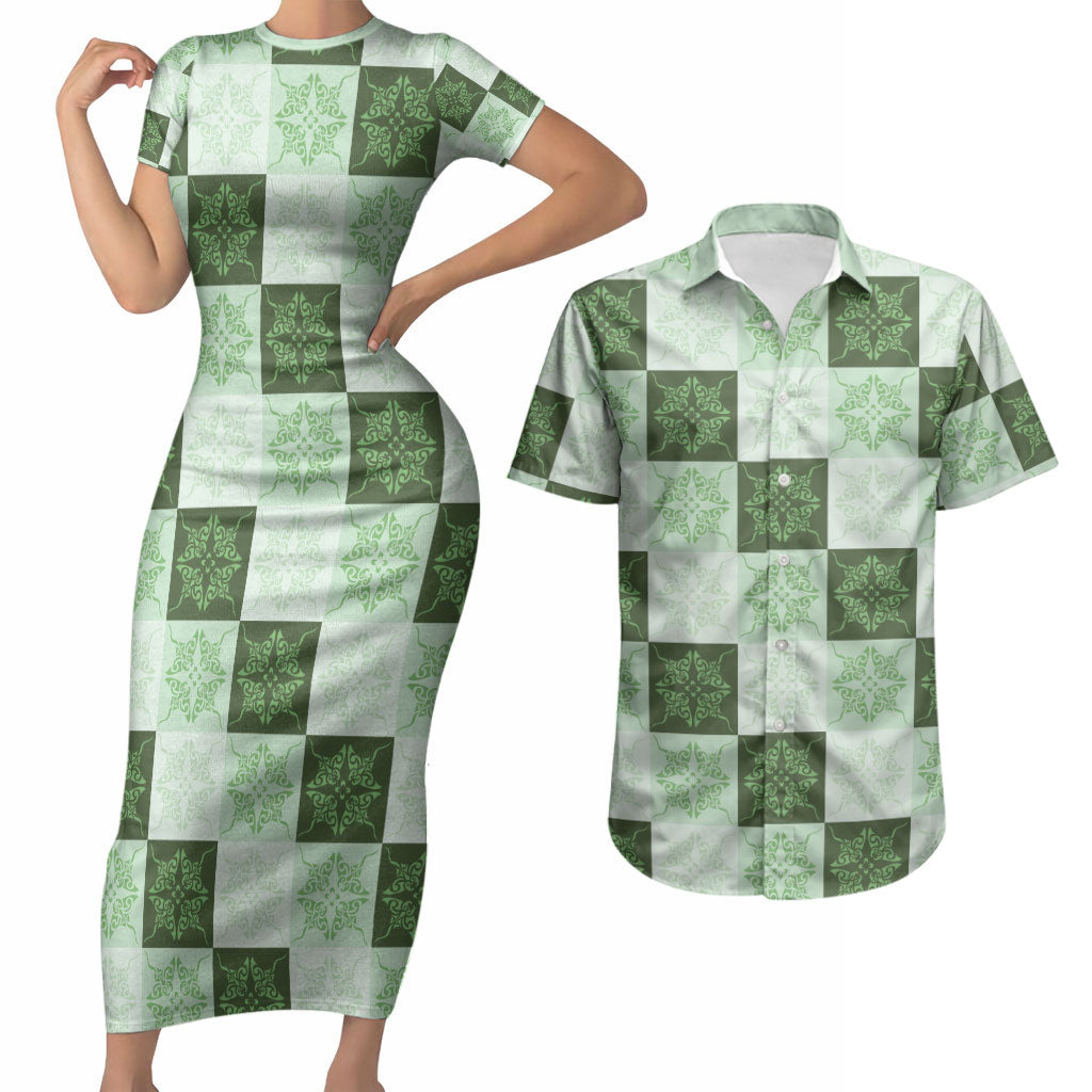 Sage Green Manta Ray Hawaiian Quilt Motif Couples Matching Short Sleeve Bodycon Dress and Hawaiian Shirt LT05 Green - Polynesian Pride
