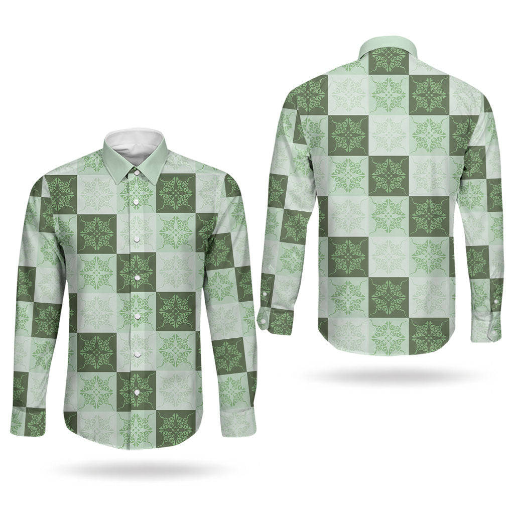 Sage Green Manta Ray Hawaiian Quilt Motif Couples Matching Short Sleeve Bodycon Dress and Long Sleeve Button Shirt