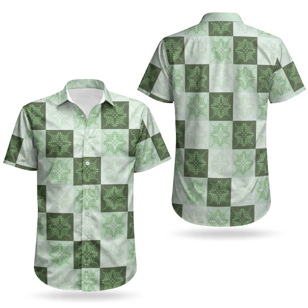 Sage Green Manta Ray Hawaiian Quilt Motif Couples Matching Summer Maxi Dress and Hawaiian Shirt