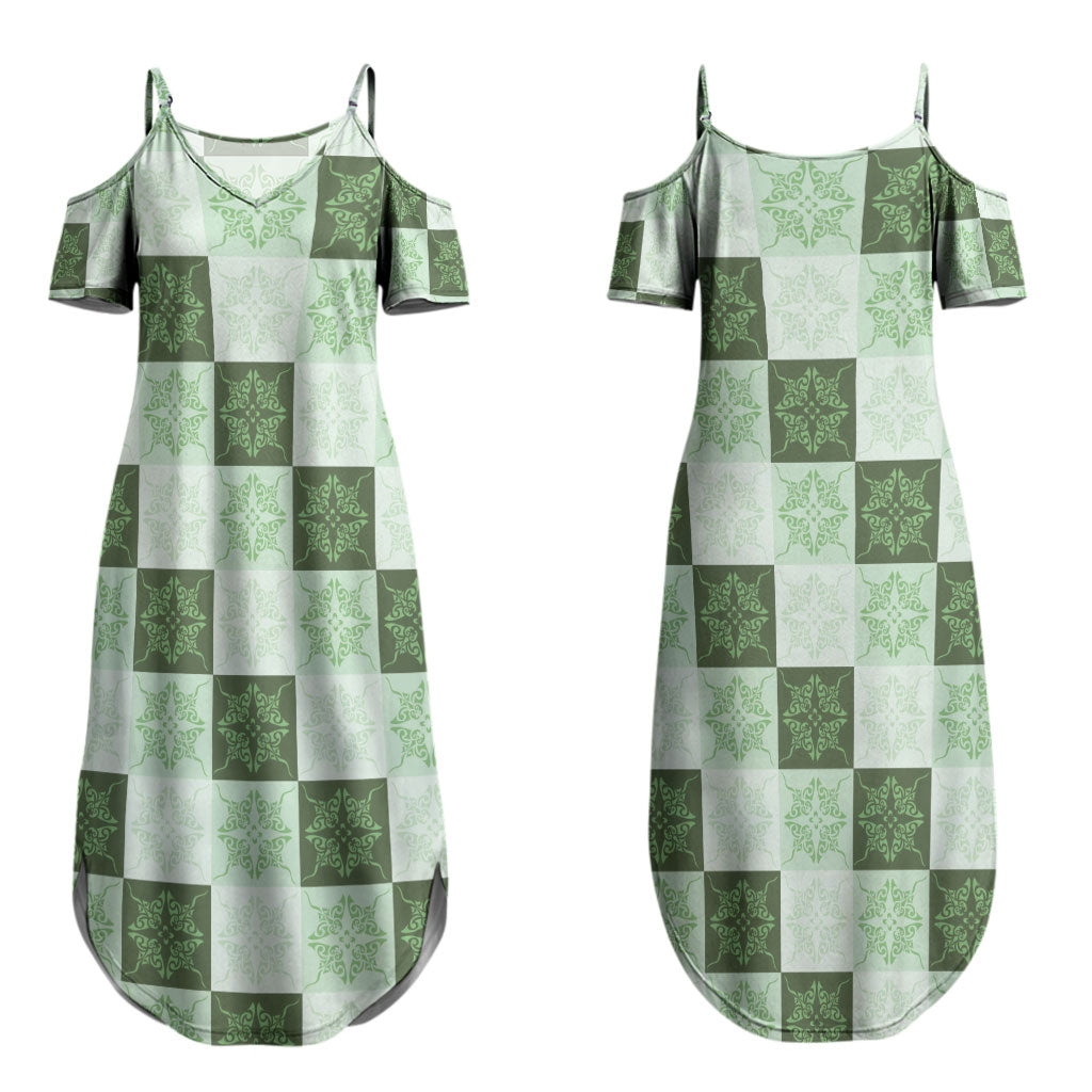 Sage Green Manta Ray Hawaiian Quilt Motif Couples Matching Summer Maxi Dress and Long Sleeve Button Shirt